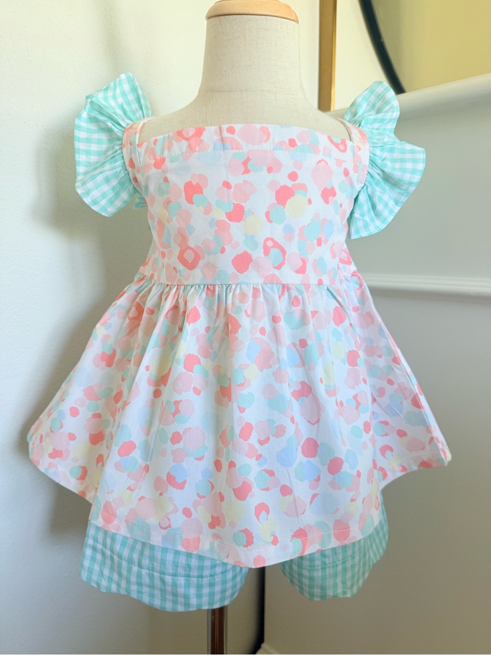 Stitchy Fish Pink Print Top Aqua Gingham Shorts Set 4T